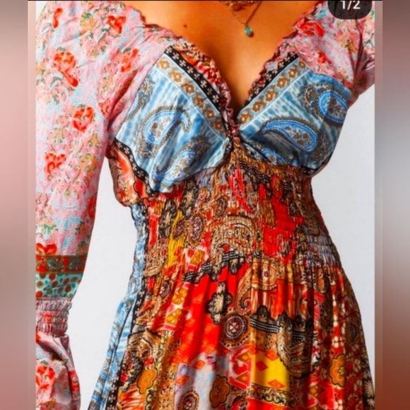 KARMA Hwy Gilded Tiered Ruffle Hem Lg. Dress Red Grn OS NWT - Picture 13 of 15